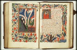 A monk praying; Liberation of the souls from Purgatory, an angel bringing food