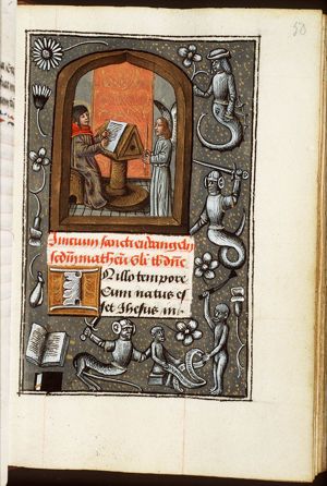 The Evangelist St. Matthew writing, with his symbol the angel