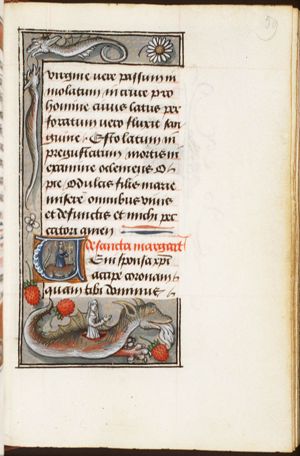 St. Margaret of Antioch emerging from the dragon and holding a cross-staff