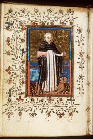 St. Dominic of Calerueja holding a book and a cross-staff, and trampling a devil