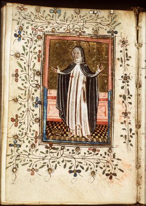 St. Catherine of Siena showing her stigmata, a crown at her feet