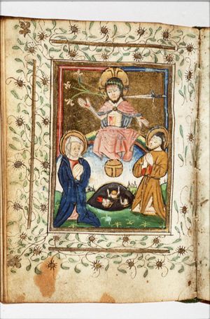 The Last Judgement: Christ on a rainbow raises the dead in the presence of Mary and St. John the Baptist