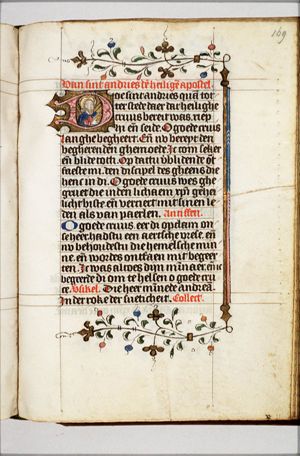 St. Andrew, with the X-shaped cross, and holding a book