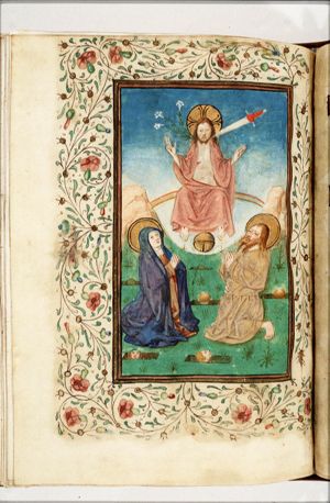 The Last Judgement: Christ on a rainbow raises the dead in the presence of Mary and St. John the Baptist