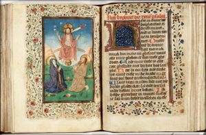 The Last Judgement: Christ on a rainbow raises the dead in the presence of Mary and St. John the Baptist