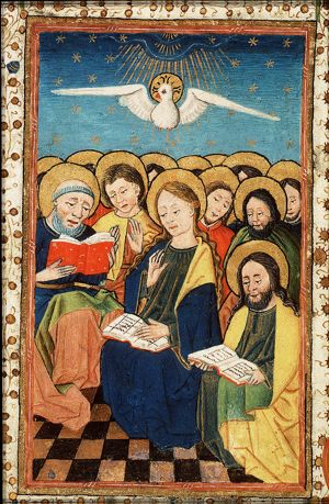 Pentecost: the Holy Spirit descends upon Mary and the apostles