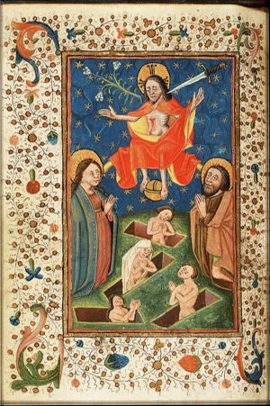 The Last Judgement: Christ on a rainbow raises the dead in the presence of Mary and St. John the Baptist