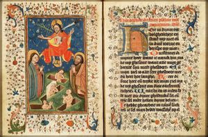 The Last Judgement: Christ on a rainbow raises the dead in the presence of Mary and St. John the Baptist