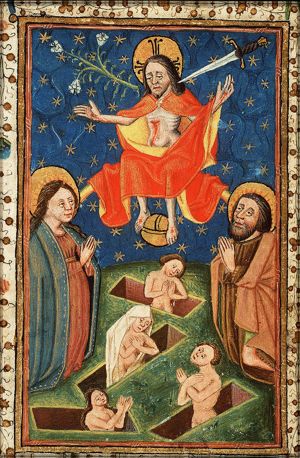 The Last Judgement: Christ on a rainbow raises the dead in the presence of Mary and St. John the Baptist