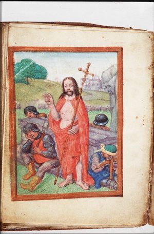 The Resurrection: Christ stands in front of the tomb, and sleeping soldiers