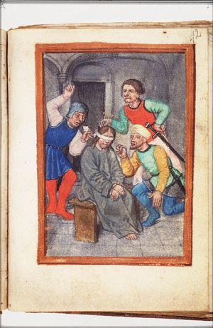 The tortures of Christ: the blindfolded Christ is mocked by soldiers