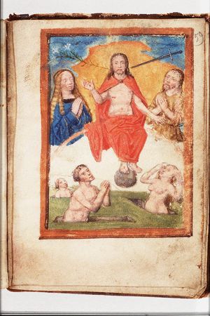 The Last Judgement: Christ on a rainbow raises the dead in the presence of Mary and St. John the Baptist
