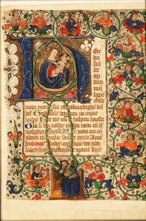 Madonna: Mary <standing> on the crescent, holding the Christ-child