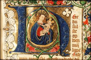 Madonna: Mary <standing> on the crescent, holding the Christ-child