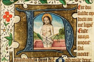 Man of Sorrows: Christ in his tomb holding scourge and reed