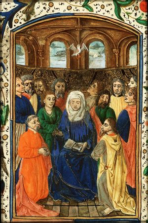 Pentecost: the Holy Spirit descends upon Mary and the apostles
