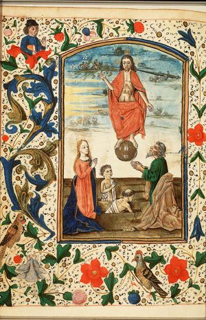 The Last Judgement: Christ on a rainbow raises the dead in the presence of Mary and St. John the Baptist