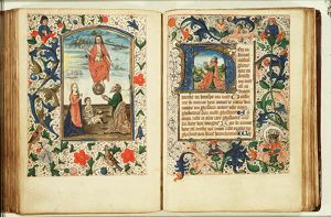The Last Judgement: Christ on a rainbow raises the dead in the presence of Mary and St. John the Baptist