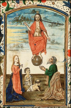 The Last Judgement: Christ on a rainbow raises the dead in the presence of Mary and St. John the Baptist