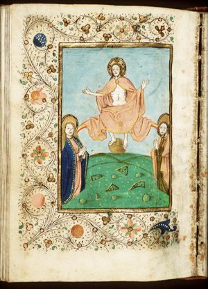 The Last Judgement: Christ on a rainbow raises the dead in the presence of Mary and St. John the Baptist