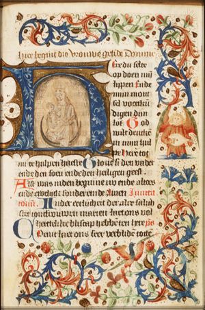 Madonna: Mary <standing> on the crescent, holding the Christ-child