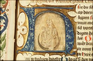 Madonna: Mary <standing> on the crescent, holding the Christ-child