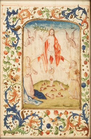 The Last Judgement: Christ on a rainbow raises the dead in the presence of Mary and St. John the Baptist; trumpeting angels