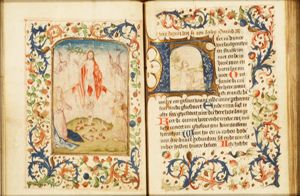The Last Judgement: Christ on a rainbow raises the dead in the presence of Mary and St. John the Baptist; trumpeting angels