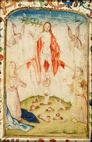 The Last Judgement: Christ on a rainbow raises the dead in the presence of Mary and St. John the Baptist; trumpeting angels