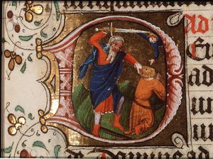 Abraham sacrifices Isaac, an angel restrains his sword