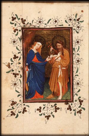 St. Catherine of Alexandria holding a sword and a wheel and St. John the Baptist holding a cross-staff and the Lamb of God (Agnus Dei)