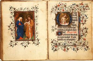 St. Catherine of Alexandria holding a sword and a wheel and St. John the Baptist holding a cross-staff and the Lamb of God (Agnus Dei)