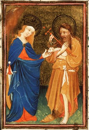 St. Catherine of Alexandria holding a sword and a wheel and St. John the Baptist holding a cross-staff and the Lamb of God (Agnus Dei)