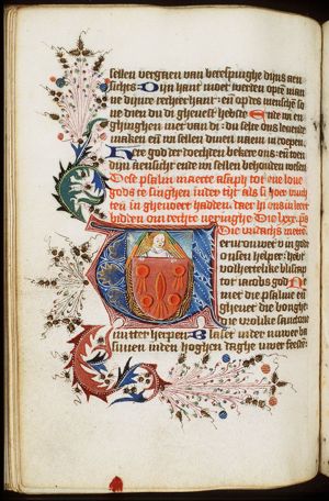 An angel holding a coat of arms with the five Holy Wounds