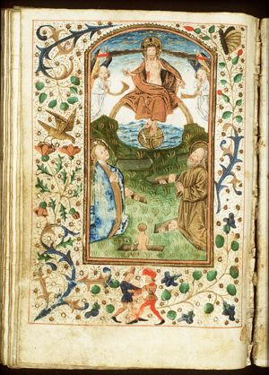 The Last Judgement: Christ on a rainbow raises the dead in the presence of Mary and St. John the Baptist; trumpeting angels