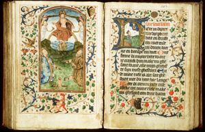 The Last Judgement: Christ on a rainbow raises the dead in the presence of Mary and St. John the Baptist; trumpeting angels