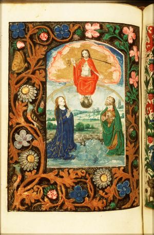 The Last Judgement: Christ on a rainbow raises the dead in the presence of Mary and St. John the Baptist