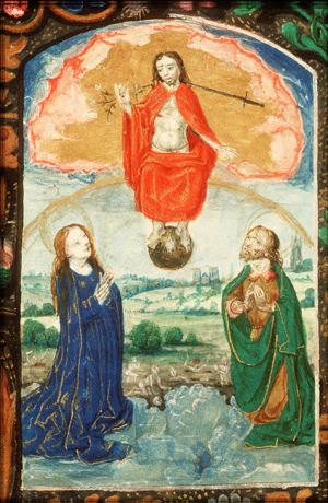 The Last Judgement: Christ on a rainbow raises the dead in the presence of Mary and St. John the Baptist