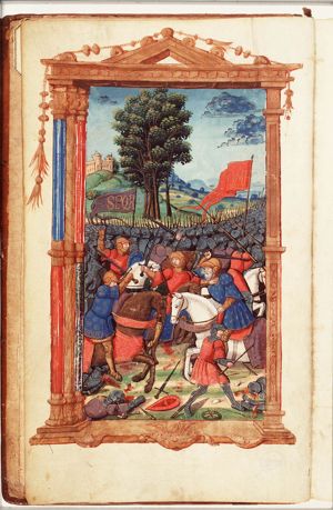 Battle between Hannibal and the Scipios: the Roman forces flee from Hannibal's Numidian troops and the young Scipio defends his father with help of his bodyguards