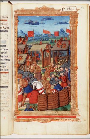 Scipio's soldiers, commanded by Masinissa and Laelius, invade and set fire to the wooden and thatched huts in the camp of Syphax's Numidians