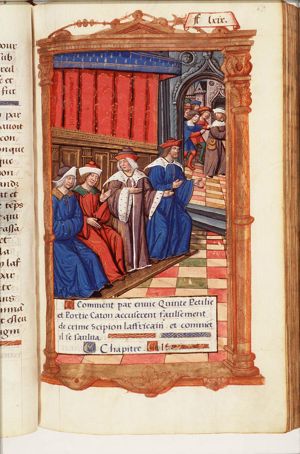 Scipio falsely accused by Quintus Petilius and Cato the Elder; the escape of Scipio: the assembled crowd leaves the Forum and follows Scipio (background)