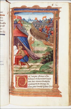 Lucius Terentius, approaches the bed with drawn sword to kill his tentmate Pompey, during the war between Pompey's father and Cinna; Pompey, who had been informed of the plot had left the tent