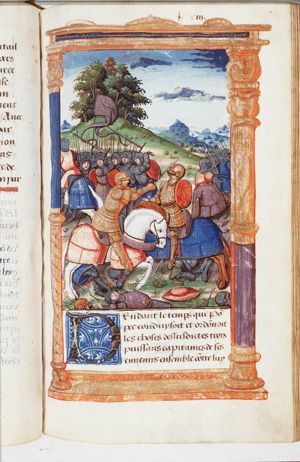 Three generals, Carinas, Cloelius and Brutus, with three armies surrounding Pompey to annihilate him: Pompey collects all his forces to attack the army of Brutus; when he brought down one of the Celtic horsemen of that army, the rest fled