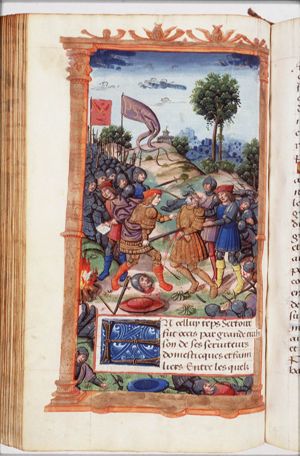 Perpenna offers to produce letters he took from Sertorius when he had him killed; the letters were from the chief men at Rome who wanted to change the government and had invited Sertorius to Italy: Pompey kills Perpenna and burns the letters without reading them