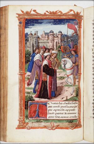 Pompey meets a group of senators and receives the Gabinian law that gives him the command of the army against the pirates