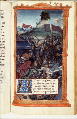 Pompey with his army suprises the camp of Mithridates VII, king of Pontus, near the Euphrates; at the time the moon stood just above the horizon and behind the Romans, so the long shadows thrown before the Romans made the Mithridates' soldiers miscalculate the distance of the Romans when they threw their javelins
