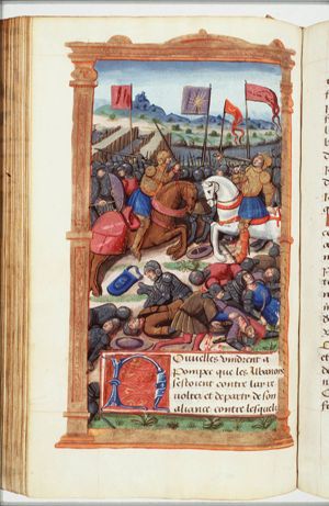 Pompey fights against the Albanians. Cosis, Mithridates' brother, rushes upon Pompey, wounding him before being killed