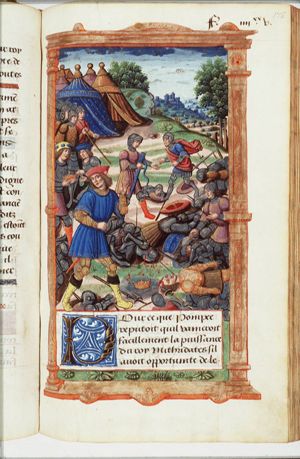 In Amisus Pompey finds gifts from Pharnaces, Mithridates'son, and many dead bodies of the royal family, including the decomposing corpse of Mithridates which Pompey turns away from in disgust; Publius selling Mithridates' sword-belt to Ariarathes (centre); Caius, the foster brother of Mithridates giving the crown to Faustus, the son of Sulla