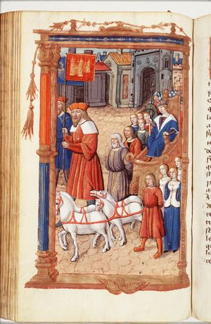 Triumphant entry of Pompey in Rome with the flags of the nations over which he triumphed and prisoners of war including women and children, like those from the families of the kings Tigrane and Mithridates