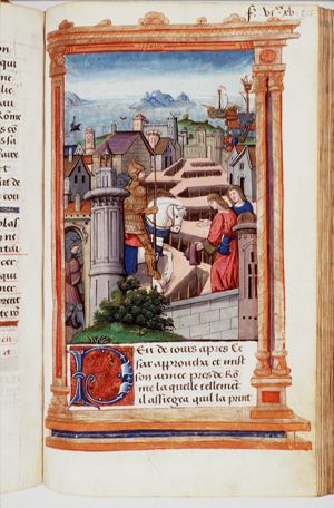 Caesar moving into Brundisium (Brindisi) after Pompey has left the city; Pompey before embarking dug up all the ground inside the city, cutting trenches and fixing stakes and palissades through the streets